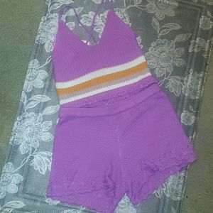 No Comment 2 pc. Striped Crochet Short Set